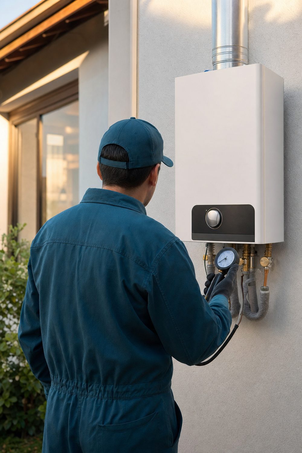 Instalador de gas revisando un calefont con un manómetro